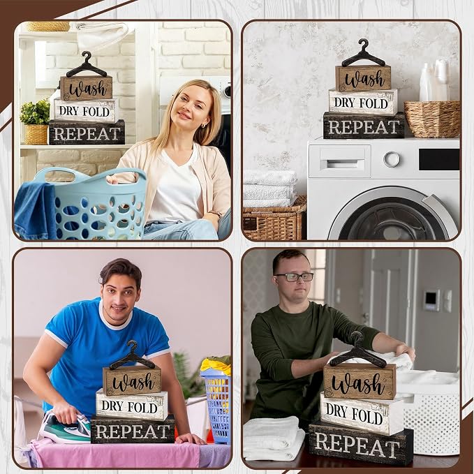 Moucuny 4 Pcs Farmhouse Laundry Room Decor Stacked Blocks Rustic Home Decor | Wash Dry Fold Repeat Blocks Sign, Funny Laundry Accessories, Housewarming Gift, Tabletop Display for Home Decor