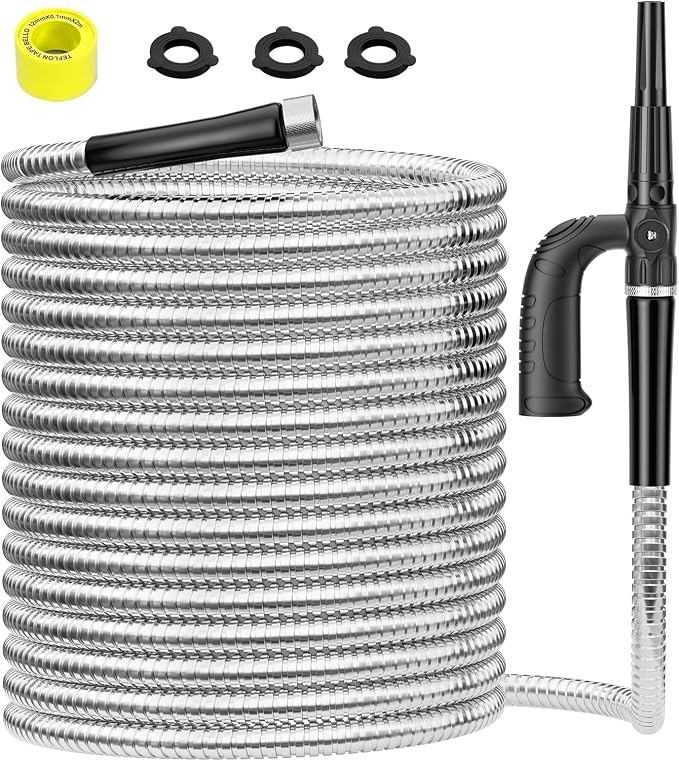 SPECILITE 50ft 304 Stainless Steel Metal Garden Hose with Independent Grip | Adjustable Brass Nozzle, 3/4" Solid Brass Connectors, Flexible, Puncture Resistant, Non-Expandable for Yard Outdoor Lawn
