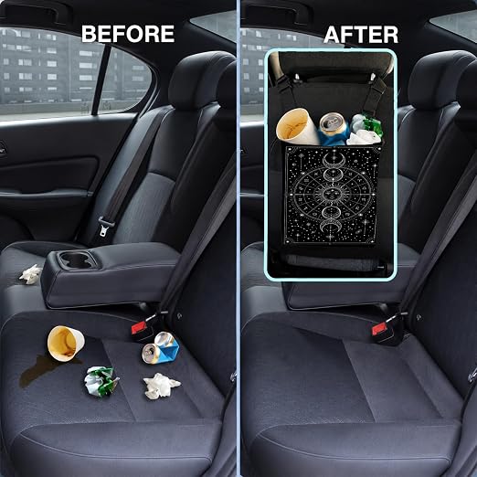 Mystical Witchy Astrology Car Trash Bag Hanging for Back Seat | Boho Sun and Moon Celestial Canvas Drawstring Car Garbage Bag with Adjustable Buckle Vehicle Trash Can