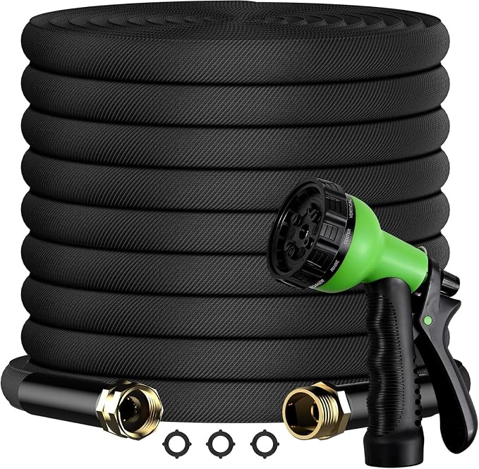 100FT Non-Expandable Flat Garden Hose with 10 Function Nozzle,No-Kink,Black | Lightweight Flat Water Pipe for Women & Seniors,Easy Storage Hose for RV, Patio, Small Backyard, Car Wash & Everyday Watering