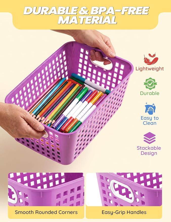 6 Pack Plastic Classroom Storage Baskets, Organizer Bins with Handle | Rainbow Color 11" × 7.1" × 4.6" Medium Papers Book Storage Organizer for School Classroom Library Office Home Desktop Closets