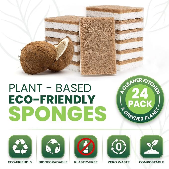 Metflavor Kitchen Sponges, 24 Count, Natural Sponge with Coconut Scrubber | Plant-Based, Non-Toxic, Biodegradable & Compostable, Non-Scratch, All-Purpose Cleaning