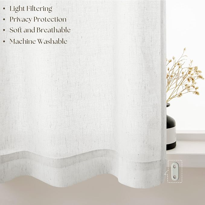 Off White Semi Sheer Linen Kitchen Curtains 24 Inch Length 2 Panels | Cream, Short Small Curtains for Cafe Laundry Bathroom Over Sink, Rod Pocket, Privacy Assured with Light Through, 30x24 Inches
