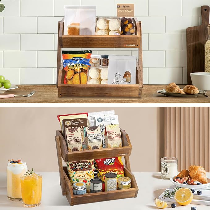 G.a HOMEFAVOR 2-Tier Acacia Wood Fruit Basket for Kitchen, Self-assembly | Large Fruit Bowl for Kitchen Countertop, Fruit Stand Storage Holder for Vegetables and Snack Home Organizer