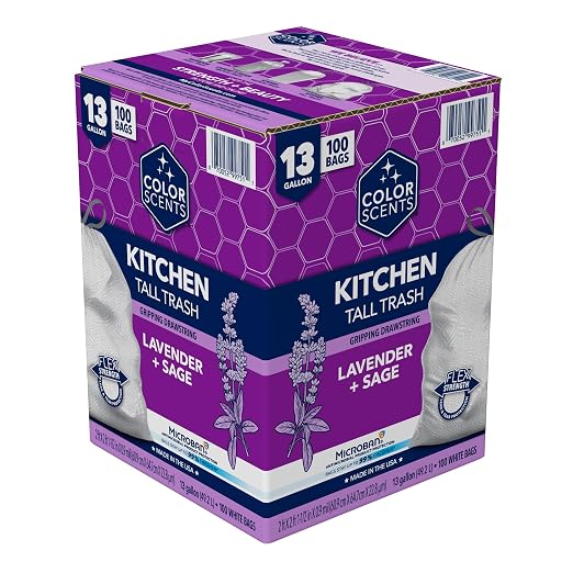 Color Scents 13 Gallon Kitchen Trash Bags Drawstring 100Ct Lavender Sage