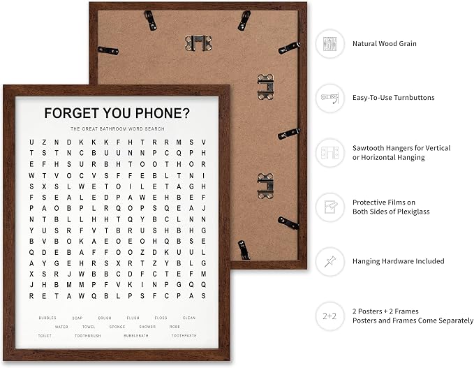 Poster Master 2-Piece Forget Your Phone Print - The Great Bathroom Word & Way Search Poster - Guest Bath Decor - Black & White Design - Powder Room Decor - Fun Restroom Sign - 16x20 Brown Framed
