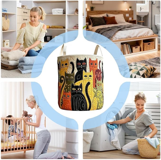 Quilted Laundry Basket, Cat Design Foldable Organizer Bin with Handles | Clothes Hamper Storage Basket, Laundry Storage Bag, for Bathroom Dorm Apartment Nursery Home
