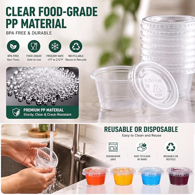 Bokon 2500 Sets 0.75 oz Clear Plastic Portion Cups with Lids Condiment and Dipping Sauce Container Salad Dressing Container Airtight and Stackable Souffle Cups for Lunch, Party, Trips