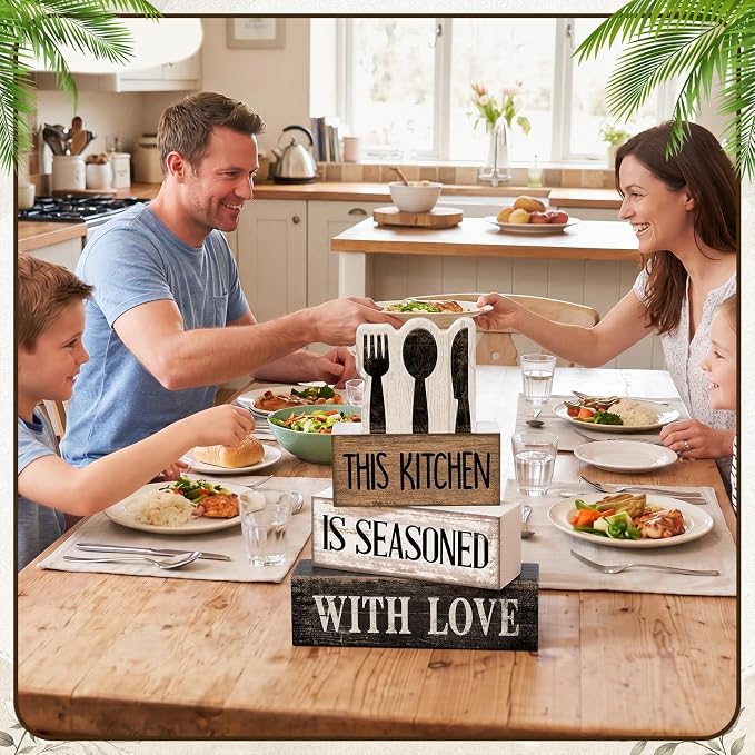 Moucuny 4 Pcs Kitchen Decor Wooden Signs, Farmhouse Tableware Tiered | Rustic Block Signs for Kitchen Shelf, Stackable Tiered Centerpiece, Cutlery Theme Rules Sign, Farmhouse Accessories