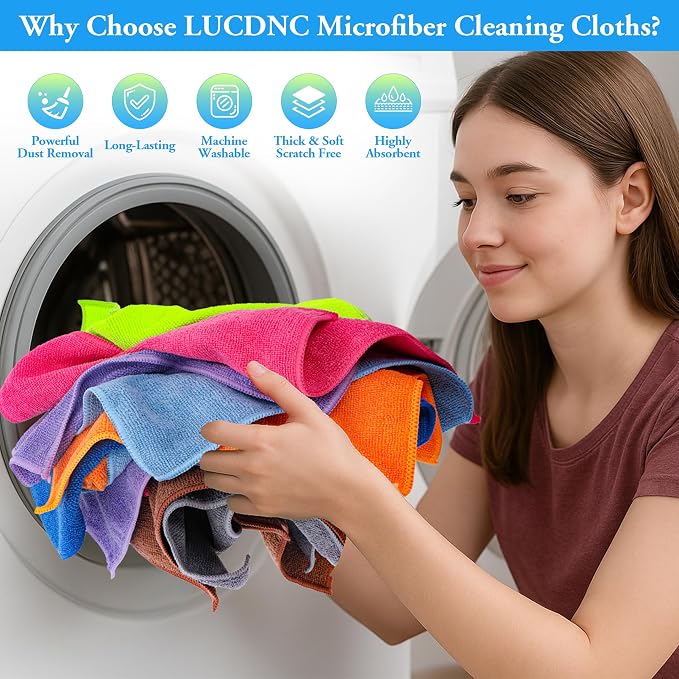 lucdnc Microfiber Cleaning Cloths 16 Pack 8 Colors 11.5"x11.5" | Soft Lint-Free Cleaning Rags for Home, Kitchen, Bathroom, Car, Wet & Dry Use