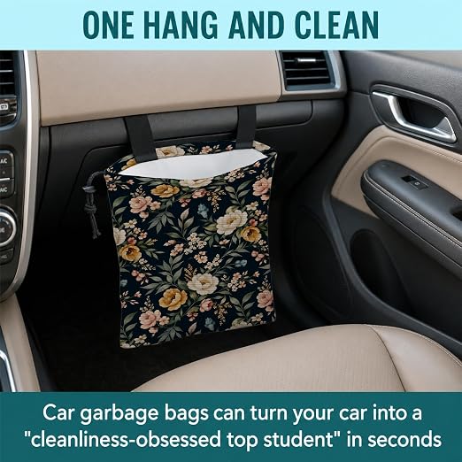 Rustic Floral Botanical Car Trash Bag Hanging for Back Seat | Cottagecore Wildflower Canvas Drawstring Car Garbage Bag with Adjustable Buckle Vehicle Trash Can