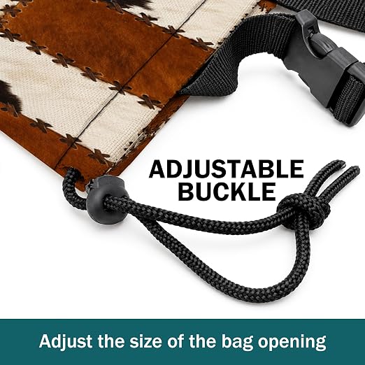 Rustic Western Cowhide Car Trash Bag Hanging for Back Seat | Vintage Farmhouse Cow Print Canvas Drawstring Car Garbage Bag with Adjustable Buckle Vehicle Trash Can
