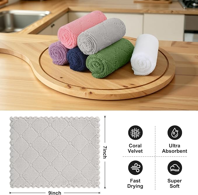 Homaxy Super Soft Absorbent Coral Velvet Dish Cloths 18 Pack, 7" x 9" | Fast Drying, Nonstick Oil, No Lint, Multi-Purpose, Microfiber Cleaning Cloth, Machine wash