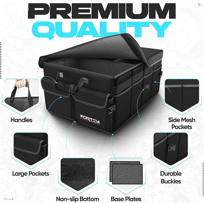 FORTEM Trunk Organizer - Foldable Car Organizer & Storage for SUVs & Trucks | Car Accessories for Men Women, Collapsible Bag, Non Slip Bottom, Straps, Soft Cover, 600D Oxford, Black, 3 Compartments, 50L