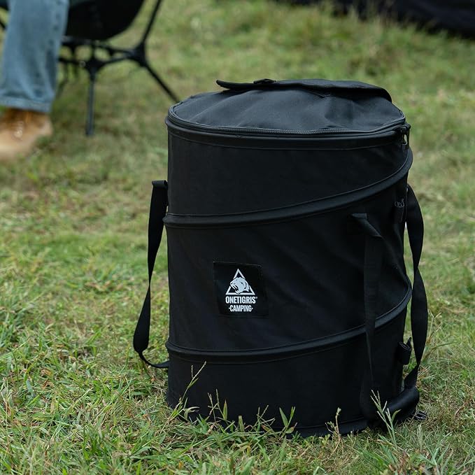 ONETIGRIS Collapsible Trash Can, 12 Gallon Camping Trash Bin with Lid | 12-gallon collapsible trash bin with lid, sorting clips and 600D Oxford fabric for camping, RV, recycling and yard waste