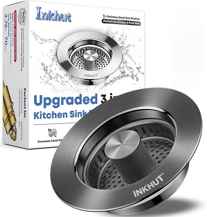 Upgraded 3 in 1 Kitchen Sink Drain Strainer (Dark Grey) | Stainless Steel Sink Stopper, Anti-Clogging Food Catcher Basket, Bounce Core Drain Strainer Plug for 3 1/2 inch Drain