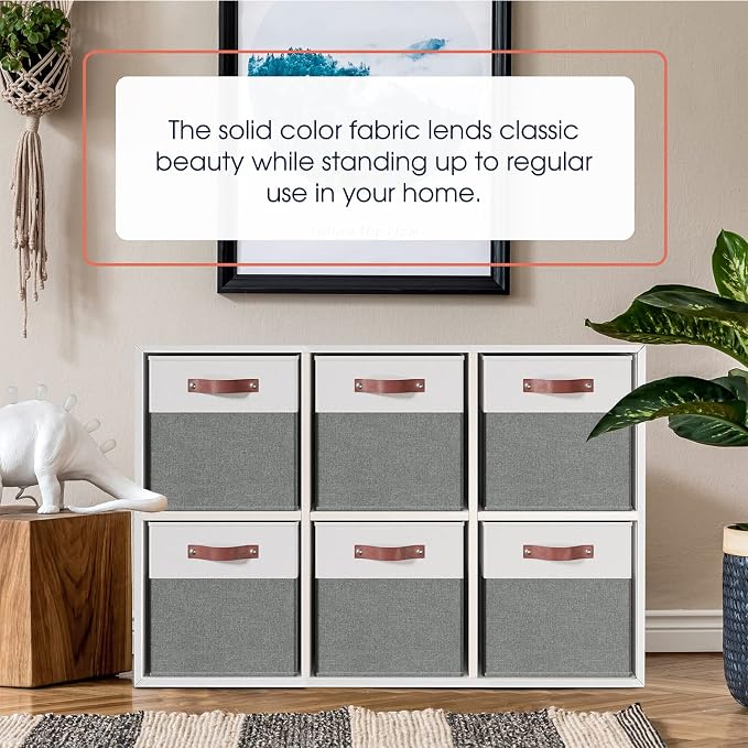 Ornavo Home 13x13 Foldable Fabric Storage Cube Bins, 6 Pack, White/Gray | Collapsible Linen Shelf Basket Organizer; Leather Handles; Ideal Cube Storage For Closet