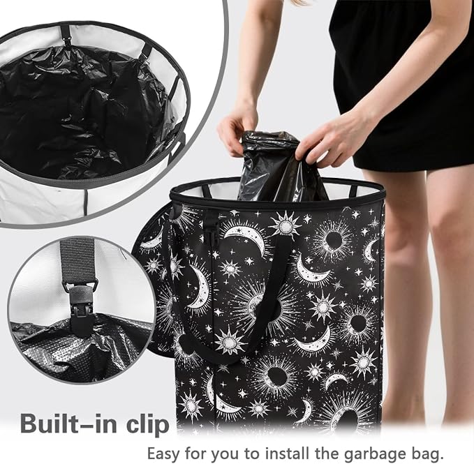 Gothic Sun Moon Pop up Outdoor Garbage Can 24 Gallon Collapsible Camping Trash Can with Zipper Lid Reusable Heavy-Duty Polyester Trash Bin for Campsites Boat Backyard Parties