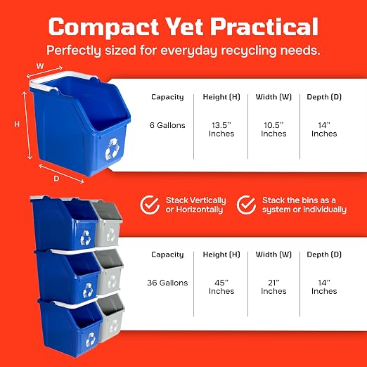 Multi Bin 6 Gallon Stackable Recycle Bins, Trash Can Kitchen Recycling Set | Recycling containers stackable design that saves floor space, while open-front bins with ergonomic handles ensure quick