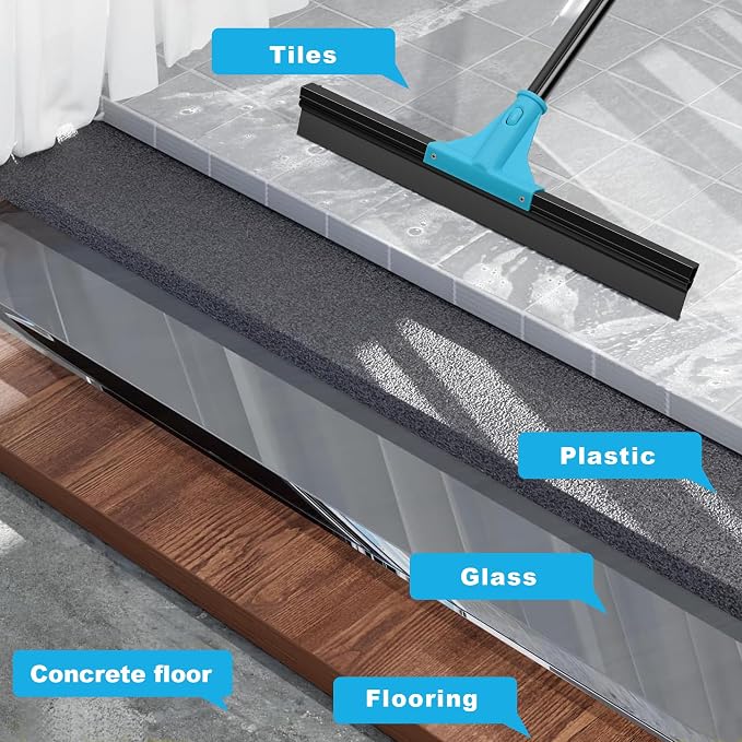 NEWE Floor Squeegee Broom with 18’’ Heavy Duty Rubber Scraper and 58.3’’ Telescopic Long Handle for Garage Concrete Bathroom Tile Shower Glass Marble Deck Window