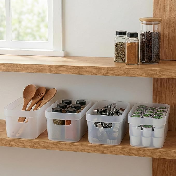 BINO | Plastic Storage Bins, 4 Liter - 4 Pack, Frosted | THE MODERN COLLECTION | Plastic Bins for Organization | Woven Storage Baskets for Organizing | Pantry Shelf Organizer Basket Container Bin