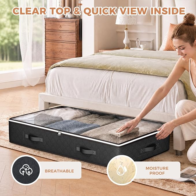 Budding Joy Under Bed Storage Containers with Clear Lids, 4 Pack | Underbed Storage Bags for Blankets, Towels, Comforter, Sweaters, Linen Sheets, Wrapping Paper