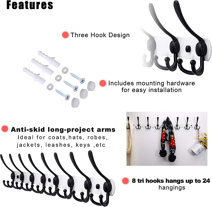 Dseap Coat Rack Wall Mount - 29.5” Long 8-Tri-Hooks Heavy Duty Coat Hanger Rail Wall Hooks for Hanging Coats Hats Clothing Clothes Purse Mudroom Entryway, White & Black