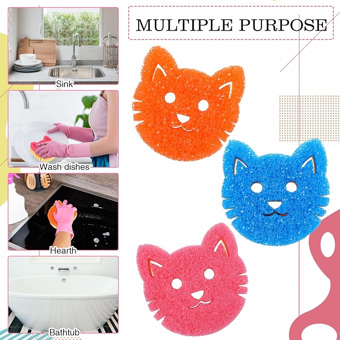 FillTouch Cat 3 Pcs Scrub Sponge, Pink, Orange, Royal Blue | Soft Non-scratch Cat Sponge, Dual Sided, Temperature Sensitive, Easy Clean, Multi Functional Sponge for Kitchen, Bathroom