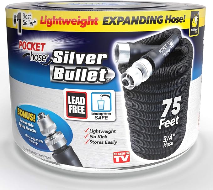 Pocket Hose Silver Bullet 75 ft Turbo Shot Nozzle Multiple Spray Patterns Expandable Garden Hose 3/4 in Solid Aluminum Fittings Lead-Free Lightweight and No-Kink