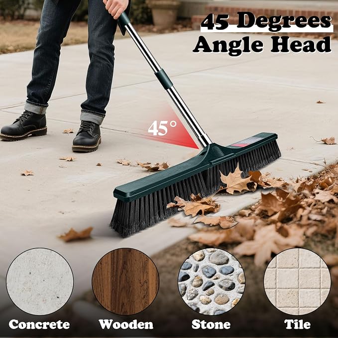 24" Push Broom Outdoor, Heavy Duty Garden Brush Broom with 58" Long Handle | Commercial Outdoor Broom for Deck Driveway Garage Yard Patio Warehouse Concrete Floor Cleaning