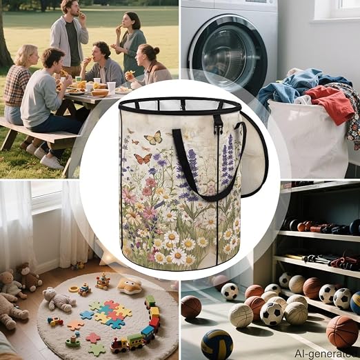 Daisy Butterfly Outdoor Trash Can with Lid Collapsible Camping Pop up Trash Can 24 Gallon Waterproof Foldable Garden Garbage Bin for Camping Hiking Backyard Parties 23 x 18 inch