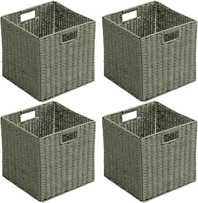 Handwoven Paper Woven Cube Basket Organizer with Handles set of 4 Foldable Storage baskets for Bedroom Living Room Cubby Storage Units for Clothes Books Toys (Green, 13" L x 13" W x 13" H)