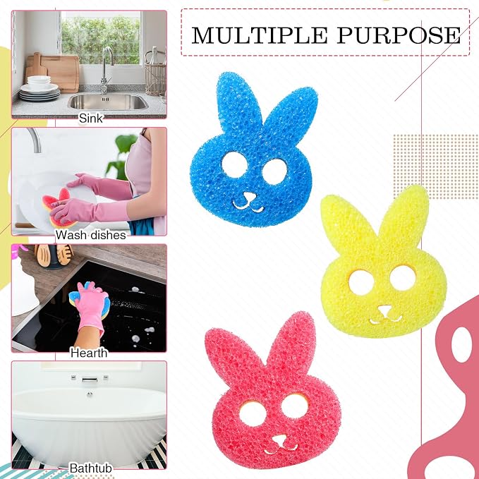 FillTouch Rabbit 3 Pcs Scrub Sponge, Pink, Yellow, Blue | Soft Non-scratch Cat Sponge, Dual Sided, Temperature Sensitive, Easy Clean, Multi Functional Sponge for Kitchen, Bathroom