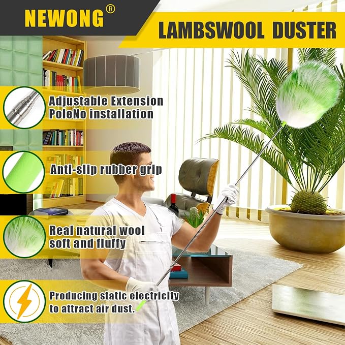 NEWONG 5 Pcs Extendable Lambswool Duster, 35-55'' Aluminum Handle | 5 Pcs set, 35-55 in reach, Natural lambswool head, Aluminum handle, Reusable for ceilings, fans and furniture
