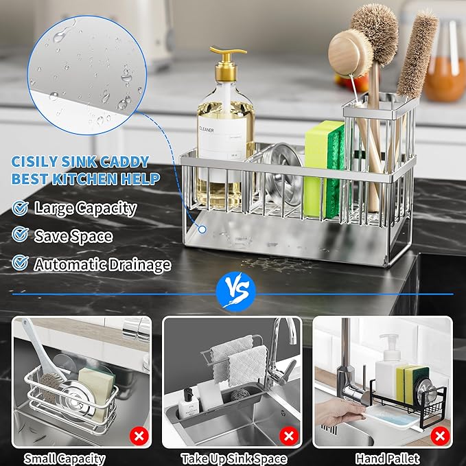 Cisily Sink Caddy Sponge Holder for Kitchen, 304 Stainless Steel Rustproof, Kitchen Sink Caddy with High Brush Holder, Dish Sponge Organizer with Divider(Silver) (Pack of 2)