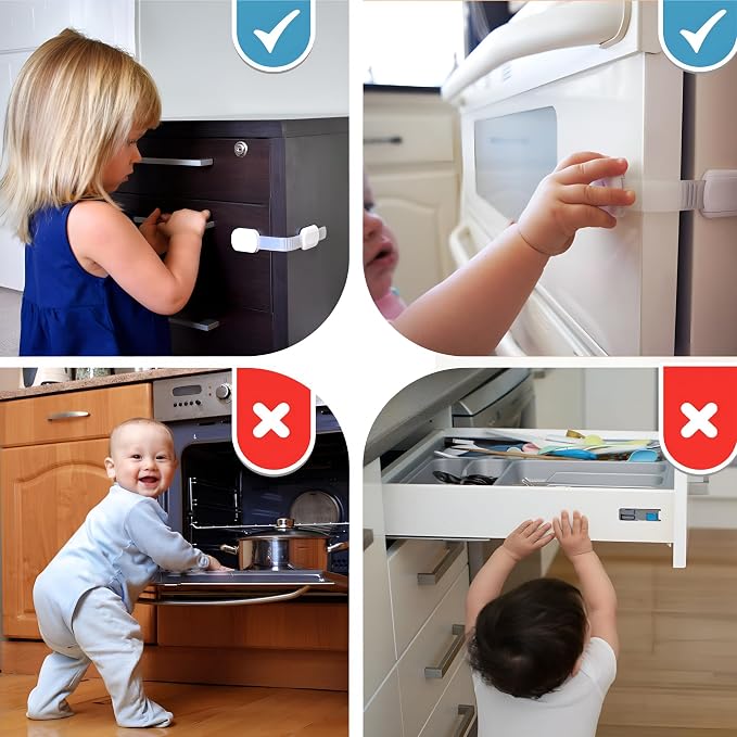 Baby Proof Me Child Safety Cabinet Locks - Baby Proofing Straps & Latches | 12 Pack Adhesive Safety Latches for Cabinets, Drawers, Fridge, Oven, Toilet & Trash Can, Strong 3M Adhesive - White