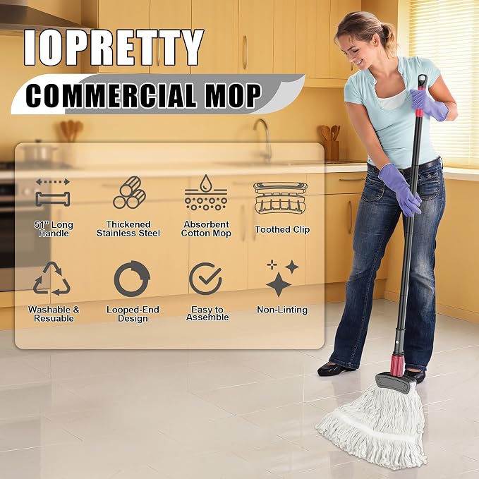 Commercial Mops for Floor Cleaning - Looped-End Heavy Duty Wet Mop | String Mop with 51" Long Handle,1 Reusable Cotton Head,for Home Garage Kitchen Hardwood Wood Tile Multi-Surfaces