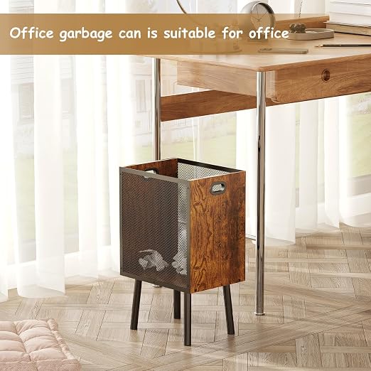 Office Garbage Can, Iron and Wood Office Trash Can with Legs, 4.5 Gallon Rectangular Design Wastebasket with Handle, Industrial Style Trash Can for Bathroom, Laundry Room, Kitchen, Office, Dorm