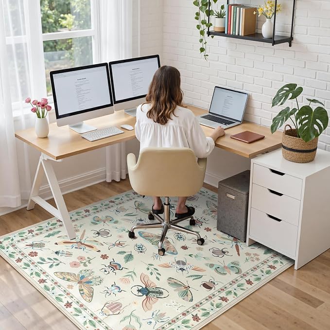 Anidaroel 48"x60" Office Chair Mat for Hardwood Floor/Tile Floor, Anti-Slip Floor Mat for Office Chairs, Low Pile Desk Rug for Offices, Beige Insect Print Office Chair Rug