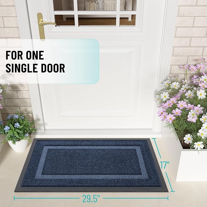 OLANLY Front Door Mat Outside 29.5x17, All-Season Heavy-Duty Rubber Doormat | Blue, Absorbent, Stain and Fade Resistant, Waterproof Non-Slip Backing, Low-Profile Indoor Outdoor Floor Mat for Entryway