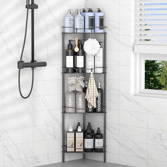 HuggieGems 4 Tier Floor Standing Corner Shower Caddy Organizer Shelf with Hooks, Bathroom Shelves Stand Rack, Black | Adhesive Bathroom Organizer Shelves, Free Standing Shower Rack with Hooks, Hold Large Shampoo Bottles