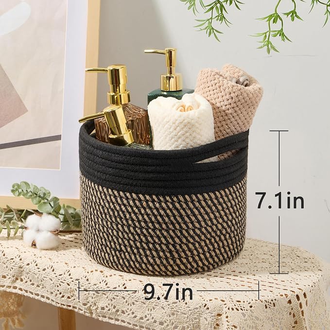 MiniArk Small Basket for Organizing | Cube Shelf Closet Storage Baskets | 9.7×9.7×7.1” | Woven Rope Gift Basket | Nursery | Round 3 Packs Black Brown