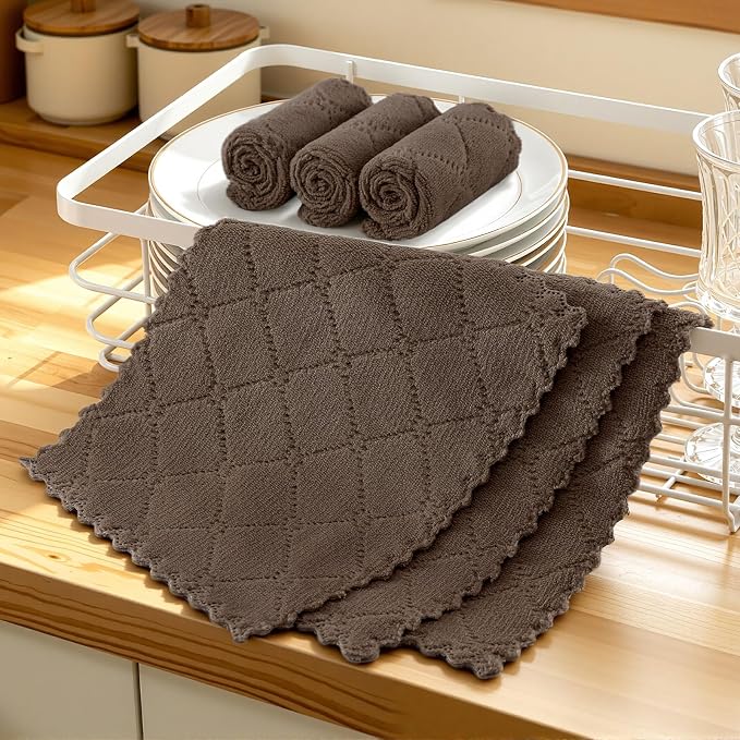 Homaxy Super Soft 12 Pack Coral Velvet Dish Cloths, 7" x 9", Brown | Ultra-Absorbent Dishcloths, No Lint, Nonstick Oil, Fast Drying, Microfiber Cleaning Cloth
