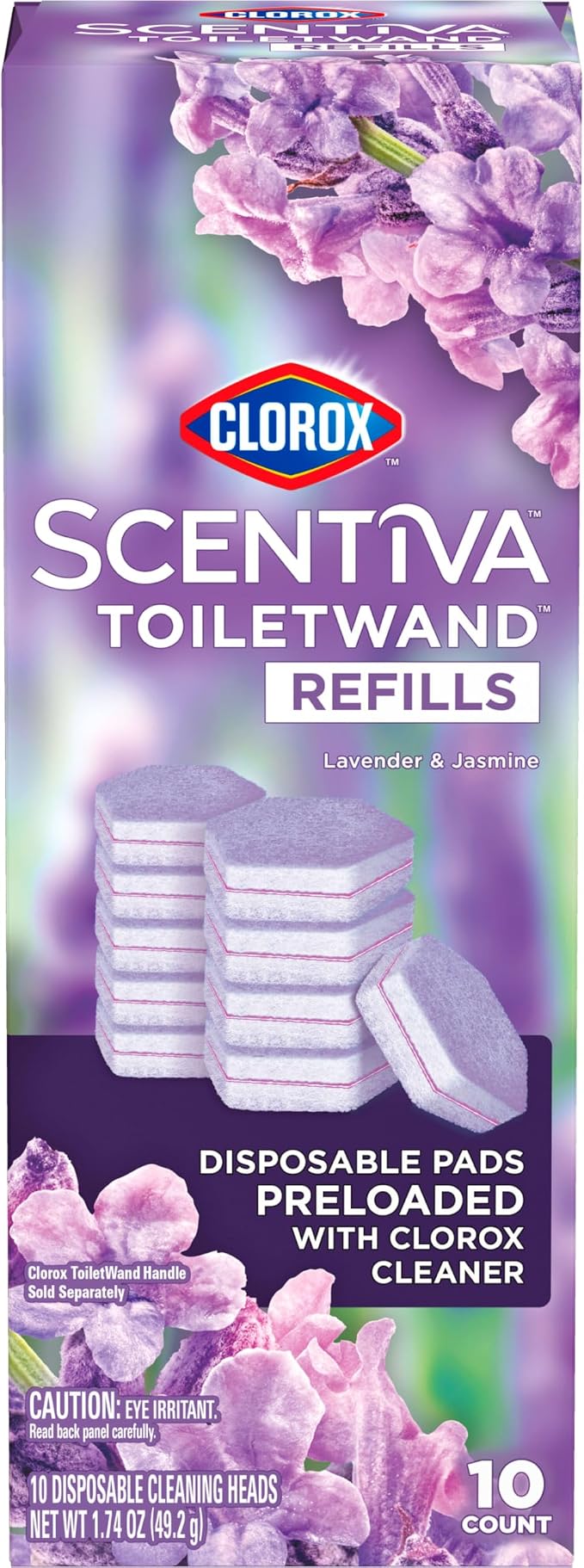 Clorox Scentiva ToiletWand Refills, Lavender and Jasmine, 10 Count | Disposable Toilet Brush Scrubbing Pads, Eliminates Hard Water and Lime Stains 2X Better than a Manual Brush