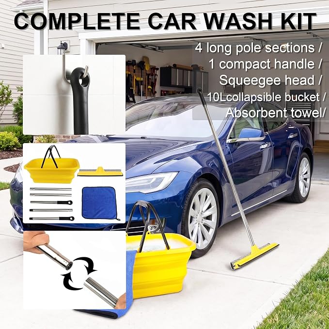 Window Cleaning Kit with 10L Collapsible Bucket | Includes a 56-inch windshield squeegee for car, home and outdoor window cleaning