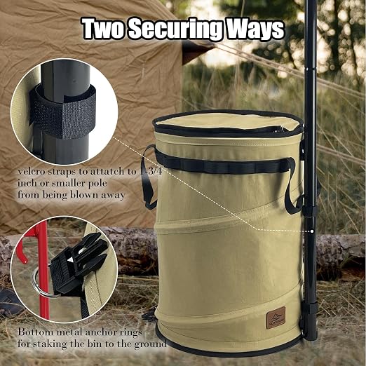 Sutekus Pop Up Storage Bin Collapsible Trash Can Recycle Container Reusable Utility Bag with Zippered Lid for Camping, Laundry, Garden (Khaki Color)