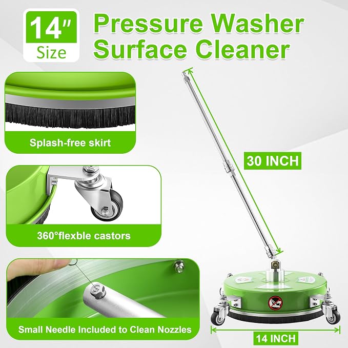 PWACCS 14" Pressure Washer Surface Cleaner with Wheels, Stainless Steel | Power Washer Attachment with Extension wands, For Driveways, Patios, Sidewalks, Decks, 1/4" Quick Connect, Green