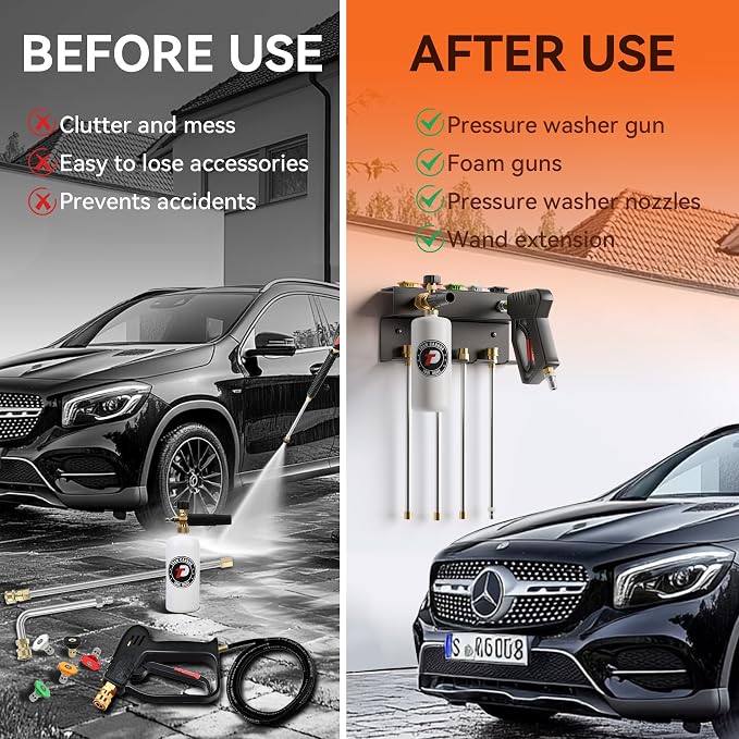 Foam Cannon Wall Mount and Pressure Washer Gun Holder Organizer | Foam Cannon Wall Mount: Stores a foam cannon and pressure washer gun off the floor for organized, easy-access storage.