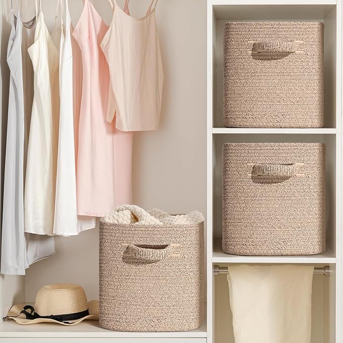 11 Inch Storage Cubes, 3 Pack Cube Storage Bins for Organizing, Cotton Rope Woven Baskets for Shelves, Bathroom, Kids Room, Closets, Baby Nursery