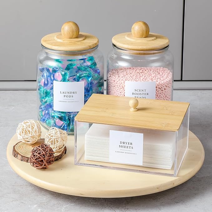Glass Jars and Dryer Sheet Holder with Bamboo Lids, Dispenser Set and Labels, Containers for Laundry Room Organization and Storage, Half Gallon Airtight jars, Acrylic Storage Box for Laundry supplies